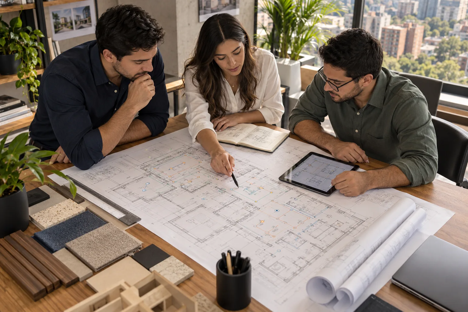 Recreación de referencia de profesionales analizando un proyecto de ingeniería