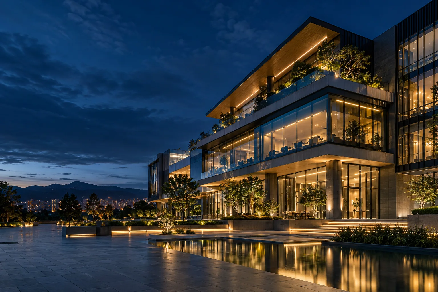 Recreación de referencia de un edificio contemporáneo con iluminación y tecnología integrada